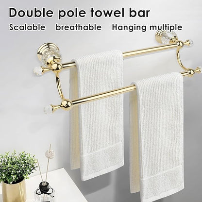 Double Crystal Towel Holder Adjustable Gold Towel Bar 14 to 25 Inch, Towel Rack Rail for Bathroom Wall Mounted
