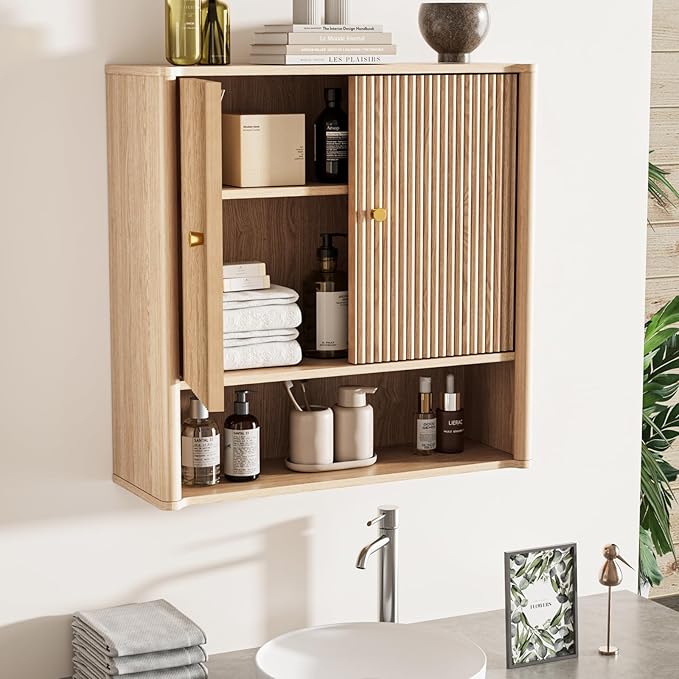 Bathroom Wall Cabinet, Medicine Cabinet with Adjustable Wood Shelf & Doors, Over The Toilet Storage Organizer Wall Mounted Storage Cabinet for Laundry Room, Kitchen, Living Room, Cupboard, OAK