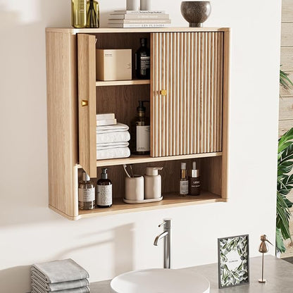 Bathroom Wall Cabinet, Medicine Cabinet with Adjustable Wood Shelf & Doors, Over The Toilet Storage Organizer Wall Mounted Storage Cabinet for Laundry Room, Kitchen, Living Room, Cupboard, OAK