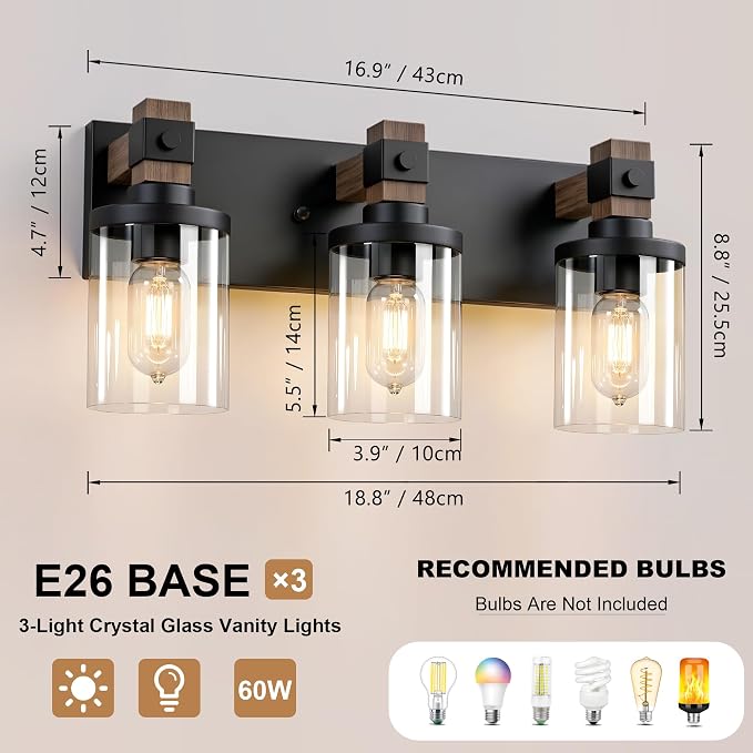 Farmhouse Bathroom Vanity Light Fixture, 3 Light Black Wood Over Mirror | Matte Black Metal & Wood with Clear Glass Shade, 3 Ligh Vanity Light Fixture Over Mirror for Farmhouse Industrial Bathroom