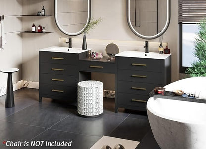 eclife 84" Bathroom Vanity Sink Combo, Modern Painted Vanities Storage Cabinet with 24" Mid Makeup Vanity Desk, 30" Dual White Basins, Faucets & Drains, Black