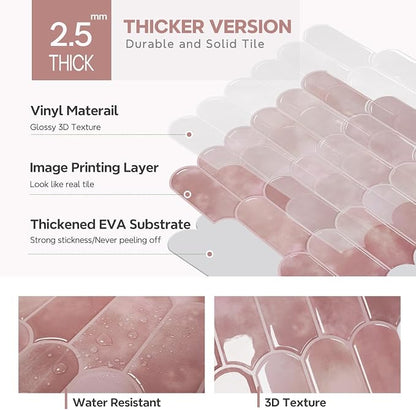 Vamos Tile 10-Sheet Backsplash Peel and Stick Tile, Pink Self Adhesive Vinyl Wall Tiles, Stick on Backsplash for Kitchen, Bathroom,RV (Thicker Design)
