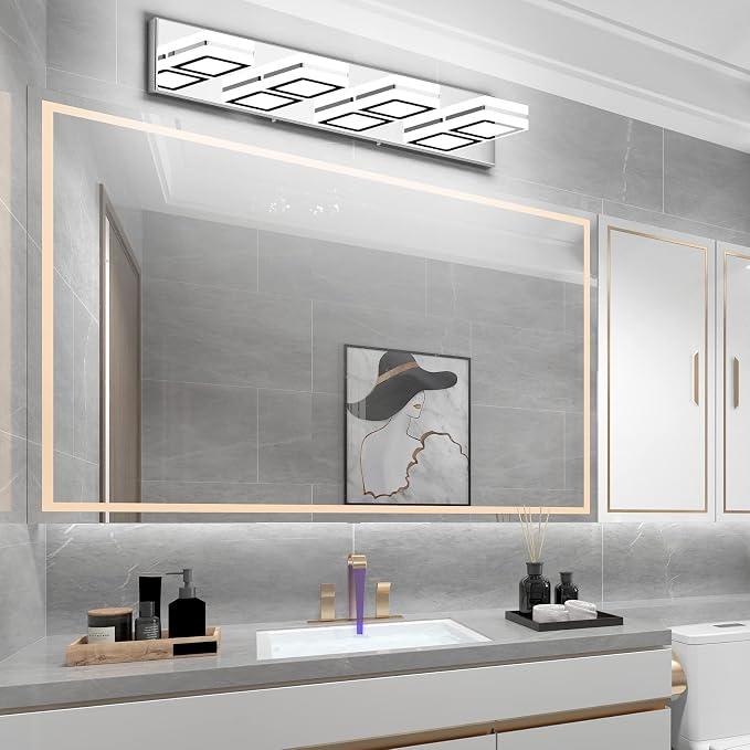 Ralbay Modern LED Bathroom Vanity Lights 4 Lights Up and Down Modern Chrome Bathoom Wall Lighting Over Mirror Rotatable Acrylic Stainless Steel Chrome Vanity Lights