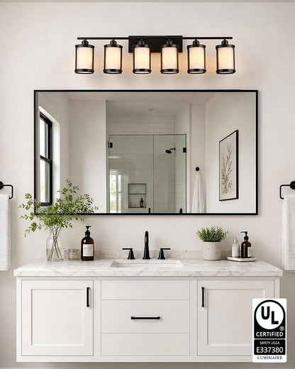6-Light Oil Rubbed Bronze Bathroom Light Fixtures Over Mirror with Frosted Milk Glass and Metal Cage Shade, 42" UL-Listed Modern Farmhouse Wall Sconce for Bath, Hardwire E26, OS-3014ORBW-6W