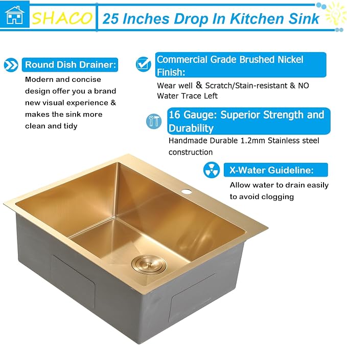 25x22 Gold Kitchen Sink, 25 Inch Drop In Gold RV Laundry Utility Sink, Top Mount 16 Gauge Stainless Steel Single Bowl 8 Inch Deep Small Kitchen Sink