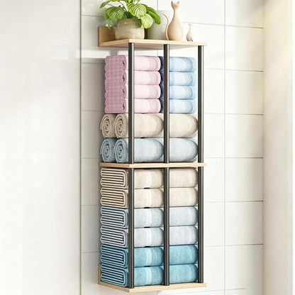 Large Capacity Three-Layer Towel Racks for Bathroom Wall Mounted, Updated 3 Bar Towel Holder for Bath Wall, Bath Towel Rack for Bathroom Wall, Metal Small Bathrooms Towel Storage Rack, Oak Color