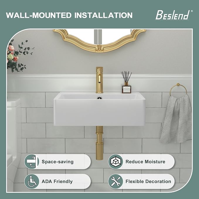 Floating Wall Mount Sink | Beslend 20"x17" Inch White Ceramic Vessel Sinks, Rectangular Art Basin with Single Hole, Small Space-Saving Bathroom Sink