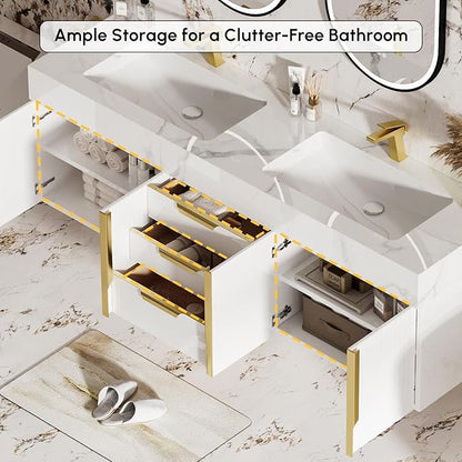 homary 60" Floating Bathroom Vanity Set with Double Sink, Modern Bathroom Sink Cabinet Storage Cabinet with Sintered Stone Countertop and Ample Storage, White