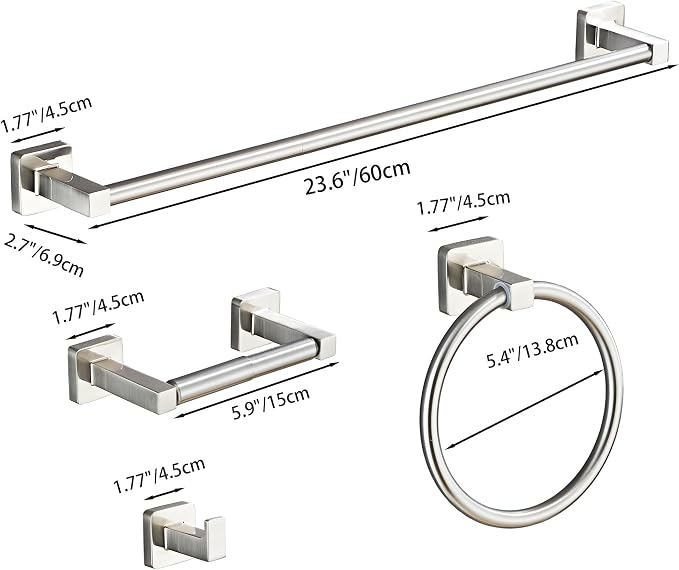 Brushed Nickel Bathroom Hardware Set 4 Pieces,Bathroom Accessories Set Stainless Steel Wall Mounted, Hand Towel Bar, Towel Ring, Robe Towel Hooks,Toilet Paper Holder,Towel Bar Set, 23.6 Inch