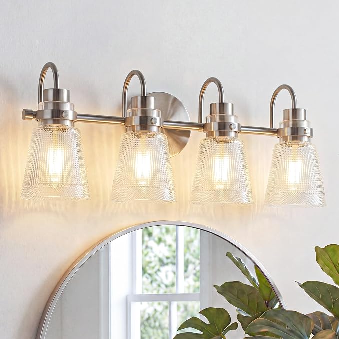 4-Light Bathroom Light Fixtures 25.7 Inch Brushed Nickel Vanity Lights for Bathroom Lighting Fixtures Over Mirror with Clear Striped Glass Shade for Mirror Bedroom Hallway