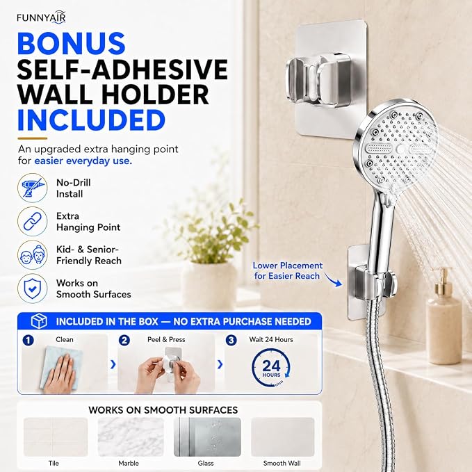 High Pressure Shower Head, Stick-on Low Mount Wall Bracket, Chrome | 5 Spray Modes, Water-Saving, 360° Adjustable Bracket, For Low Water Pressure Home, RV, Bathroom, Fix Firmly Kid-Friendly