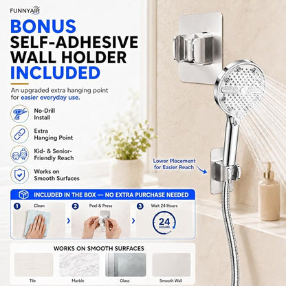 High Pressure Shower Head, Stick-on Low Mount Wall Bracket, Chrome | 5 Spray Modes, Water-Saving, 360° Adjustable Bracket, For Low Water Pressure Home, RV, Bathroom, Fix Firmly Kid-Friendly