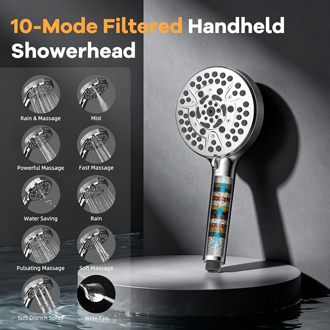 Hibbent 13'' Rain Showerhead Combo, 10 Mode Filtered Handheld Spray, Chrome | High Pressure 5-Spray Showerhead, 4-way Diverter, Upgraded Heightened All Metal Extension Arm, 71'' Hose & Holder, Easy Reach