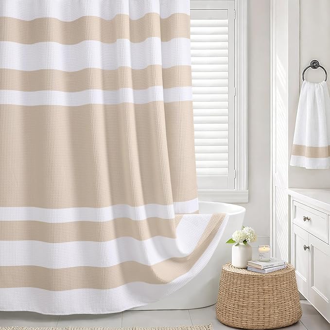 Beige Shower Curtain Cotton Waffle Stripe Shower Curtains for Bathroom 72"x72"