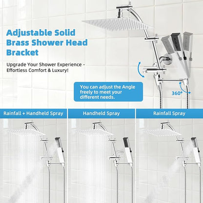 Hibbent All Metal CUPC Certified 8'' Rainfall Shower Head, Dual Shower Head Combo with 4 Handheld Sprays, High Pressure Shower Wand, 16'' Adjustable Extension Arm, 71'' Hose, Shower Holder, Chrome