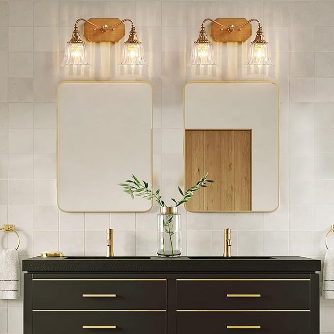 Bathroom Vanity Gold Light Fixture, 2 Lights Bathroom Lighting Matte Antique Brass Finish with Crystal Glass Shade, Gold Vintage Vanity Light for Bathrooms
