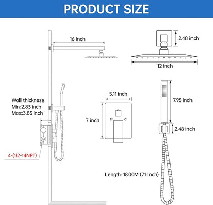 Hawkrown 12 Inch Luxury Rain Shower Faucet Set, Brushed Nickel Shower System with Rainfall Shower Head and Handheld Spray, SUS304 Stainless Steel and Solid Brass Wall Mounted Shower Valve Trim Kit