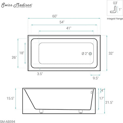Voltaire 60" x 32" Right-Hand Drain Alcove Bathtub with Apron