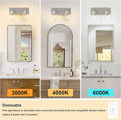 IZORRO Bathroom Vanity Light Fixture, 2-Light 15 Inch Brushed Nickel Bathroom Light Fixtures Over Mirror, with Clear Glass Shade, Modern Farmhouse Vanity Lights, Rustic Restroom Lighting Fixtures