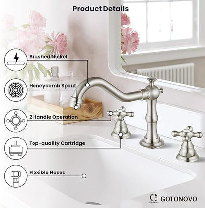 gotonovo Bathroom Faucet 3 Hole 8 Inch Widespread Bathroom Sink Faucet 2 Cross Handles Vintage Lavatory Vanity Mixer Tap with Pop Up Drain, Round Font Label, Brushed Nickel