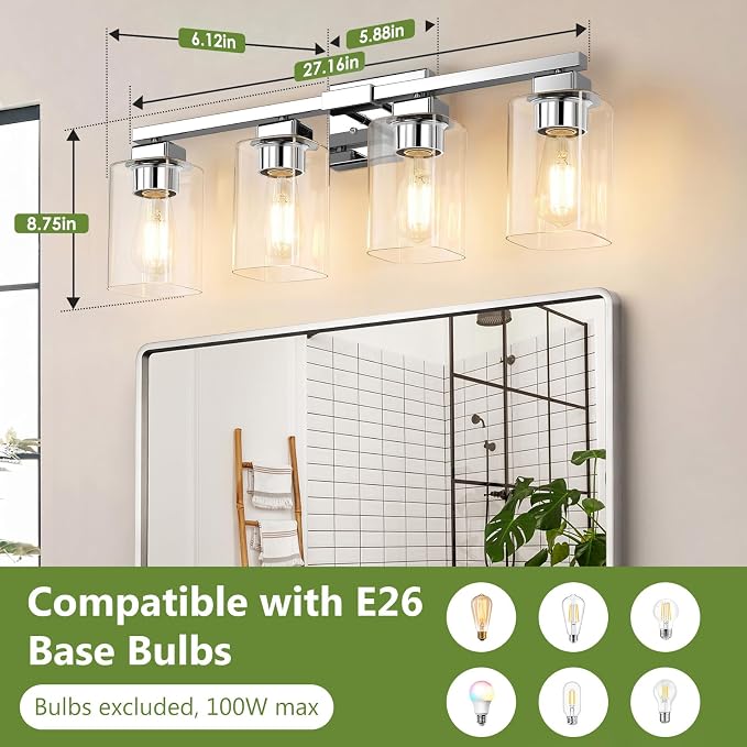27” Bathroom Light Fixtures, 4-Light Vanity Light Chrome | Square Clear Glass & Durable Metal, Quick & Easy Installation, Standard E26 Socket, Bright Bathroom Lighting