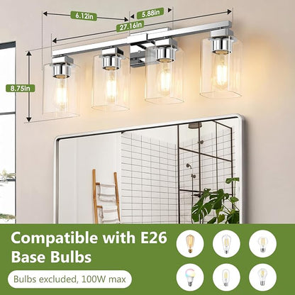 27” Bathroom Light Fixtures, 4-Light Vanity Light Chrome | Square Clear Glass & Durable Metal, Quick & Easy Installation, Standard E26 Socket, Bright Bathroom Lighting