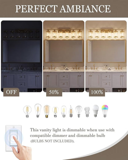 5-Light Brushed Gold Bathroom Light Fixtures Over Mirror with Clear Glass and Metal Cage Shade, 38" UL-Listed Modern Farmhouse Wall Sconce for Bath, Hardwire E26, OS-3014BG-5W