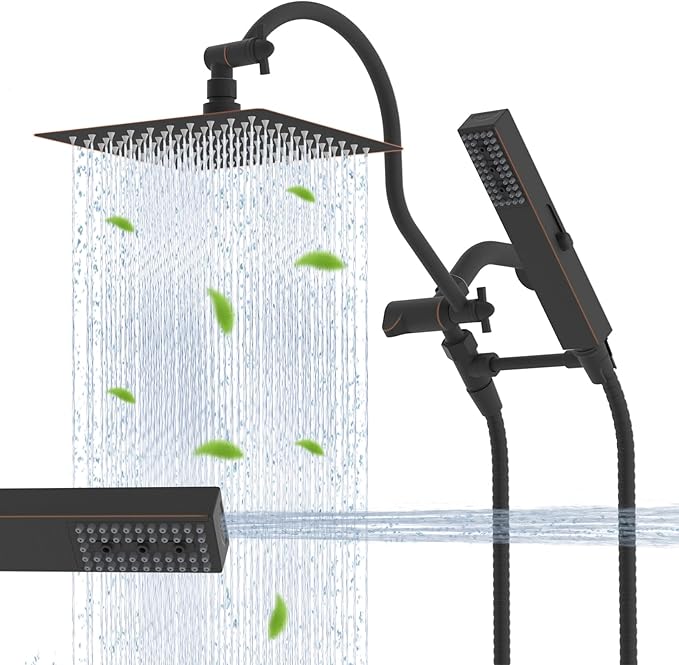 Hibbent All Metal cUPC Certified Shower Head, 8'' High Pressure Rainfall Showerhead Combo, Handheld Shower Wand, 12'' Adjustable Extension Arm, 4-Spray, 71'' Hose, Shower Holder, Oil Rubbed Bronze