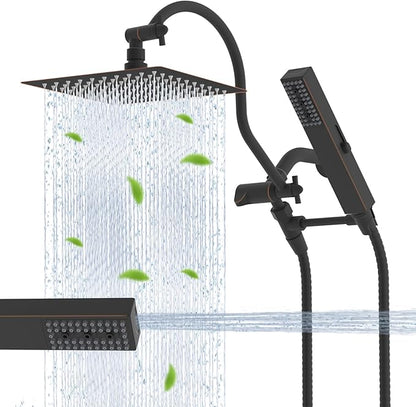Hibbent All Metal cUPC Certified Shower Head, 8'' High Pressure Rainfall Showerhead Combo, Handheld Shower Wand, 12'' Adjustable Extension Arm, 4-Spray, 71'' Hose, Shower Holder, Oil Rubbed Bronze