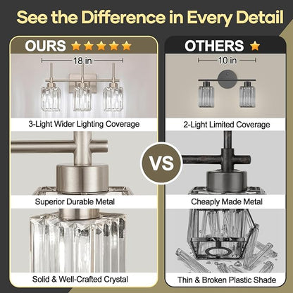 Torondo Modern Crystal Bathroom Vanity Light 3-Light Brushed Nickel Bathroom Light Fixtures Over Mirror Vanity Lighting Fixtures Square Shade Wall Sconce (Bulbs Not Include)