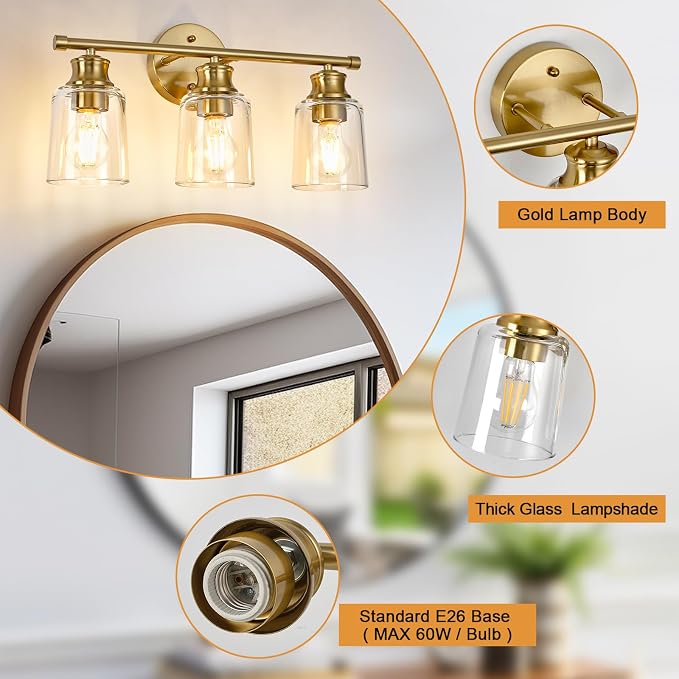 Bathroom Light Fixtures Over Mirror, 3 Lights Vanity Lights with Clear Glass Shade, 18.1" Gold Farmhouse Bathroom Wall Light Fixtures for Bedroom, Porch, Hotel, Mirror Cabinet