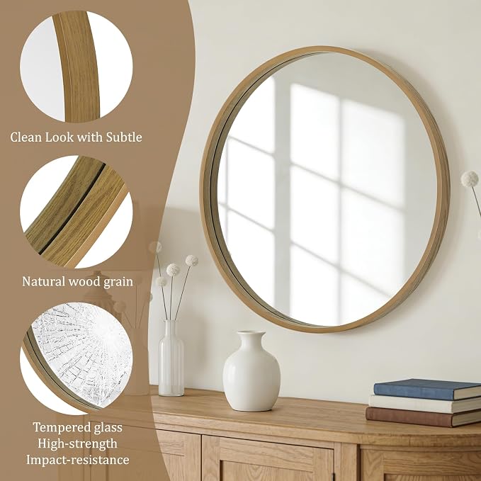 Round Wood Mirror, 32" Round Modern Decoration Large Circle Wall Mirror for Bathroom Living Room Bedroom Entryway, Natural