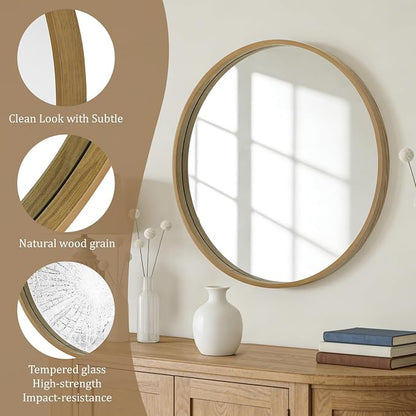 Round Wood Mirror, 32" Round Modern Decoration Large Circle Wall Mirror for Bathroom Living Room Bedroom Entryway, Natural
