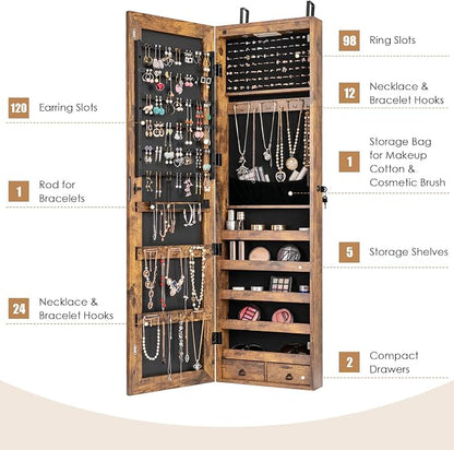 Giantex Wall Door Mounted Jewelry Armoire Cabinet with 47.5" H Full Length Mirror, 2 LEDs Lockable Jewelry Organizer Box with Bracelet Rod, 2 Drawers, Large Storage Capacity (Rustic Brown)