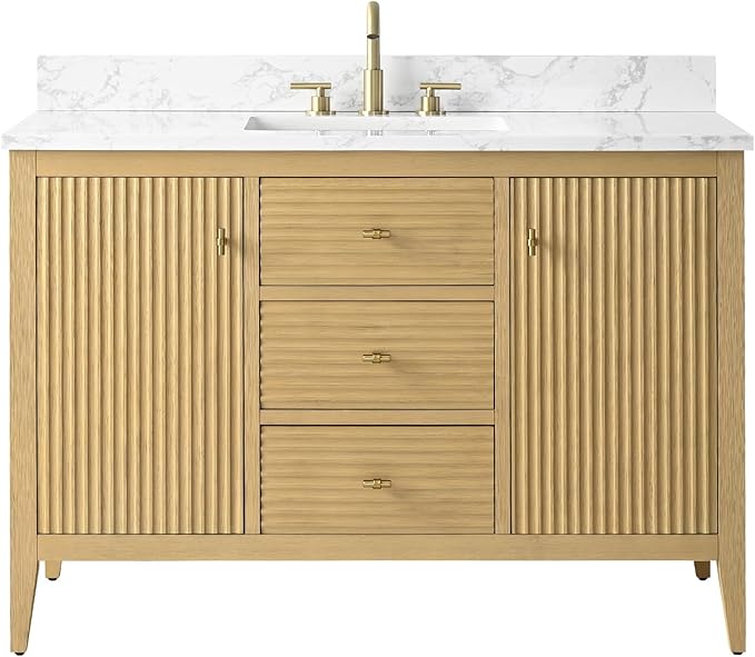 HOMEBEYOND 48" Bathroom Vanity with Sink, Solid Wood Bathroom Vanity Free-Standing Cabinet, Drawers, Ceramic Top & Soft Closing Door, Golden Brushed Handware, Natural Oak