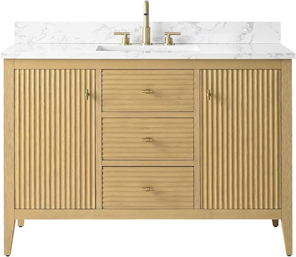 HOMEBEYOND 48" Bathroom Vanity with Sink, Solid Wood Bathroom Vanity Free-Standing Cabinet, Drawers, Ceramic Top & Soft Closing Door, Golden Brushed Handware, Natural Oak