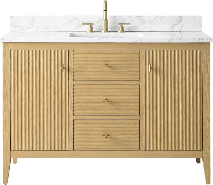 Vanity Art 48 inch Bathroom Vanity with Single Sink & Ceramic Top, Vanity Cabinet with Soft-Closing Door, Solid Wood Frame, Linear Pattern, Natural Oak, Golden Brushed Handware VA9148-NO-GB