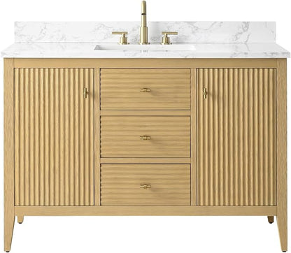 Vanity Art 48 inch Bathroom Vanity with Single Sink & Ceramic Top, Vanity Cabinet with Soft-Closing Door, Solid Wood Frame, Linear Pattern, Natural Oak, Golden Brushed Handware VA9148-NO-GB
