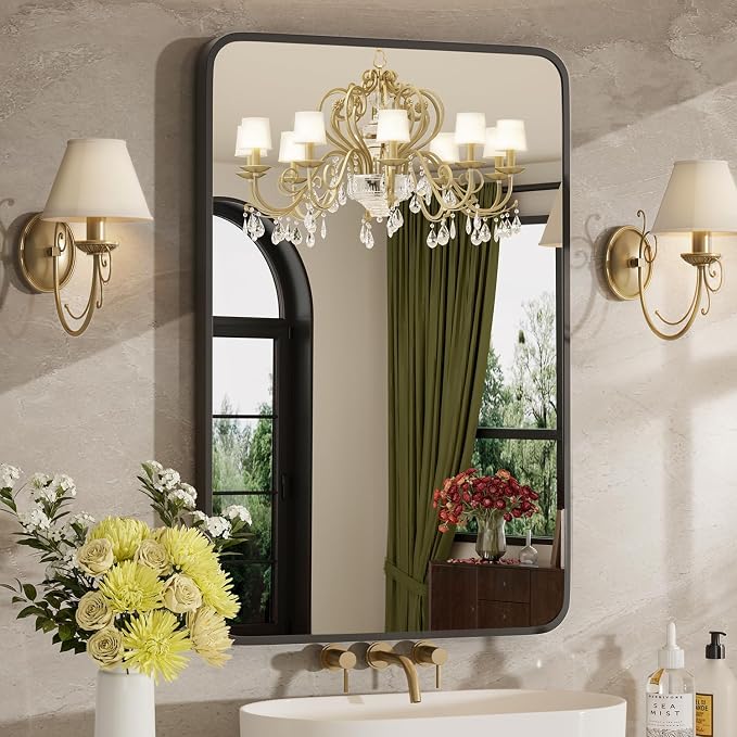 16"x24" Bathroom Mirrors for Over Sink, Matte Black Rectangle Vanity Mirror | Aluminum Alloy Frame, Clear Reflection, Rust-Resistant, Vertical or Horizontal, Wall Mount, Bedroom and Entryway