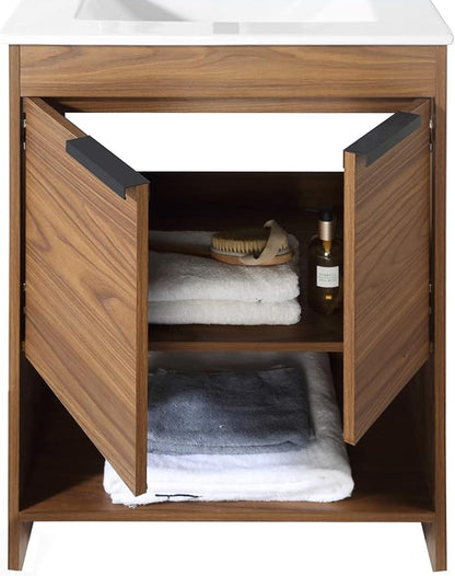 Phoenix 24 Inch Bathroom Vanity with Sink – Modern Design, Soft-Close Doors, Storage Drawers, Durable Build – Walnut Vanity for Small Bathrooms (Full Assembly Required)