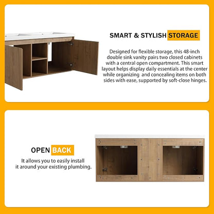 48 Inch Wall Mounted Bathroom Vanity with Double Sink | 48" Modern Floating Cabinet with Center Open Shelf & Soft-Close Doors, 2 Resin Basins, Imitative Oak