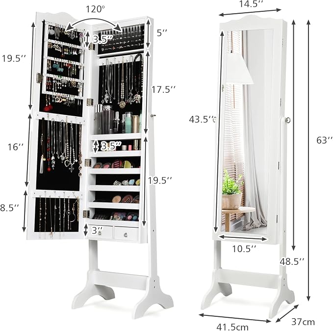 NAFORT Jewelry Armoire, Mirror with Jewelry Storage, 14 LED Lights Jewelry Organizer, Standing Lockable Jewelry Cabinet with Full Length Mirror, Jewelry Organizer with 2 Drawers, White
