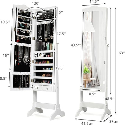 NAFORT Jewelry Armoire, Mirror with Jewelry Storage, 14 LED Lights Jewelry Organizer, Standing Lockable Jewelry Cabinet with Full Length Mirror, Jewelry Organizer with 2 Drawers, White