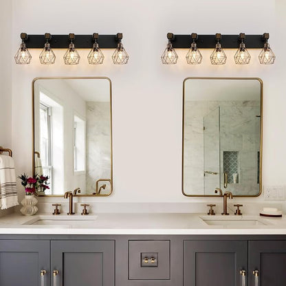 VbiTmn Black Gold Bathroom Light Fixtures, 5-Light Farmhouse Vanity Light | Wood Vanity Lights, Rustic Wall Mount Over Mirror for Bedroom & Hallway, Easy to Install, Sturdy Build for Bathroom Use