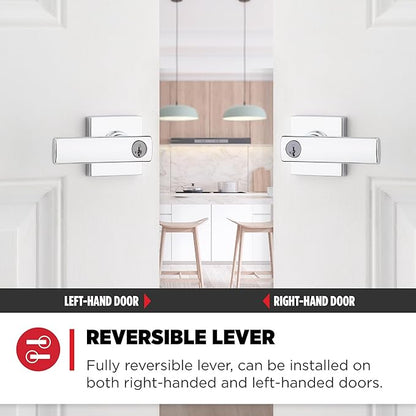 Kwikset Breton Entry Door Handle with Lock and Key, Secure Keyed Reversible Lever Exterior, Doorlock, For Front Entrance and Bedrooms, Polished Chrome , Pick Resistant Smartkey Rekey Security