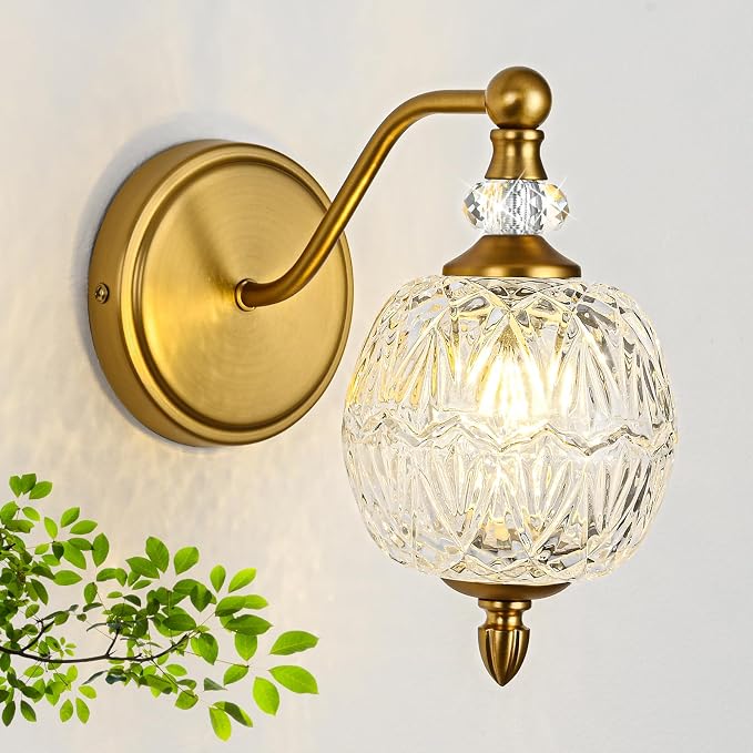 1 Piece Vintage Wall Sconce, 1-Light Mid Century Matte Brass Finish Wall Sconce with Globe Glass Shade, Retro Light for Bathroom, Bedroom, Living Room,Powder Room