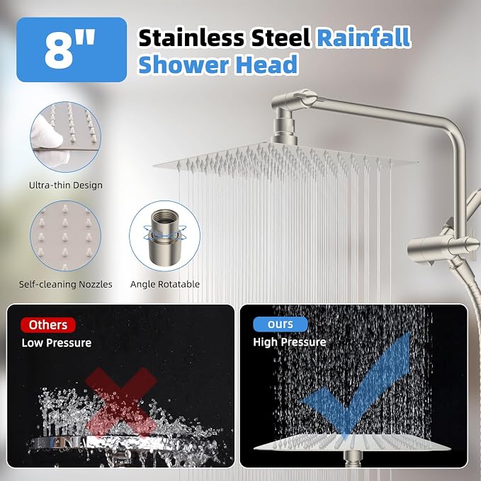 8" Metal Rainfall Shower Head with 10-Mode Handheld, Brushed Nickel | NSF/ANSI/CAN 372 Certified, High Pressure Showerhead Combo with 11" Adjustable Shower Arm, 71" Hose, Shower Head Holder