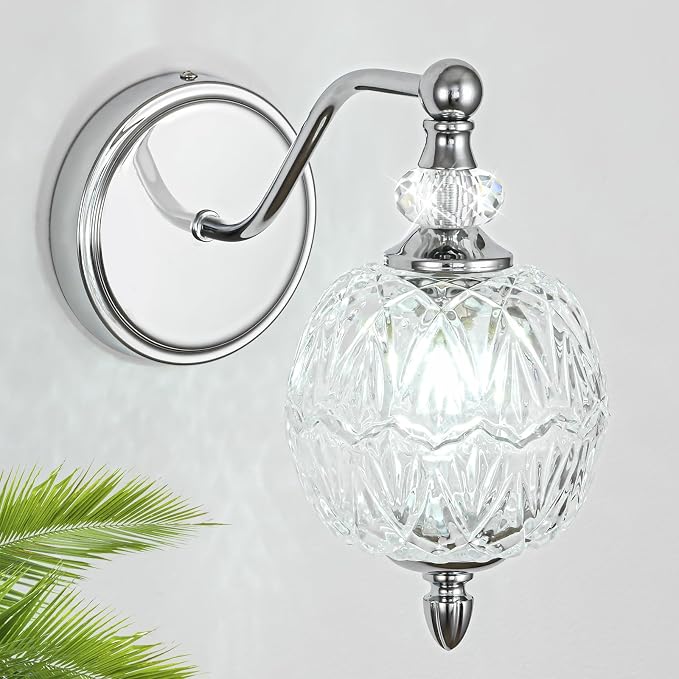 1 Piece Brushed Chrome Wall Sconce, 1-Light Mid Century Modern Brushed Chrome Finish Wall Sconce with Globe Glass Shade, Modern Light for Bathroom, Bedroom, Living Room,Powder Room