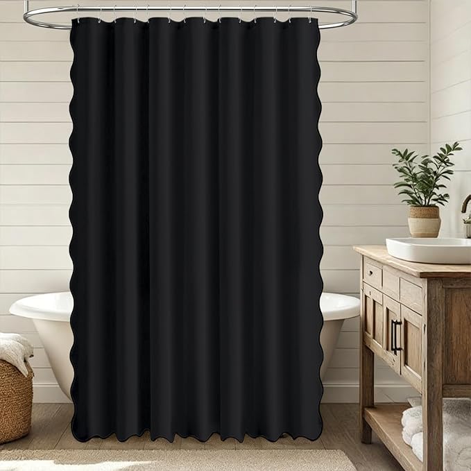 BTTN 84x72 Boho Scalloped Linen Textured Cloth Shower Curtain Set, Black | Wide Size, 230GSM Waterproof Polyester, Heavy Duty Fabric, 14 Plastic Hooks, Elegant Modern Farmhouse Style, Machine Washable