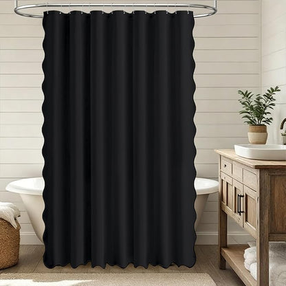 BTTN 84x72 Boho Scalloped Linen Textured Cloth Shower Curtain Set, Black | Wide Size, 230GSM Waterproof Polyester, Heavy Duty Fabric, 14 Plastic Hooks, Elegant Modern Farmhouse Style, Machine Washable